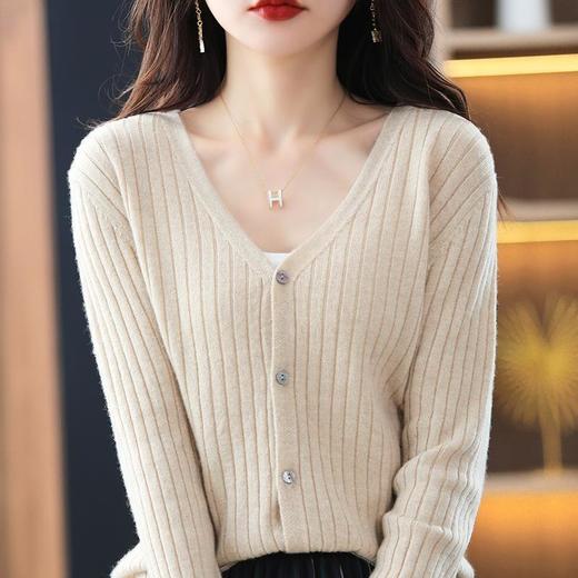 朱砂红色开衫女V领针织衫抽条开衫百搭显瘦打底休闲针织外套上衣 商品图0