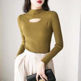 2023秋季纯色镂空半高领套头毛衣女装内搭长袖针织衫外穿打底衫潮