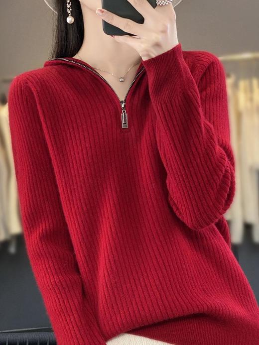 2023早秋新款半开领拉链连帽针织衫女套头弹力柔软毛衣上衣外套潮 商品图3