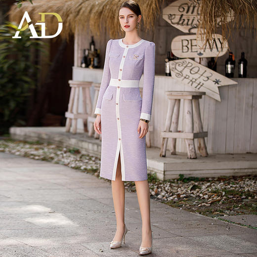 AD肌理感连衣裙2023秋装新款小香风拼接修身裙子紫色中长款 商品图0