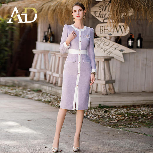 AD肌理感连衣裙2023秋装新款小香风拼接修身裙子紫色中长款 商品图2