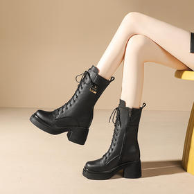 舒适百搭，绑带侧拉链真皮厚底增高短靴WWX-T7331