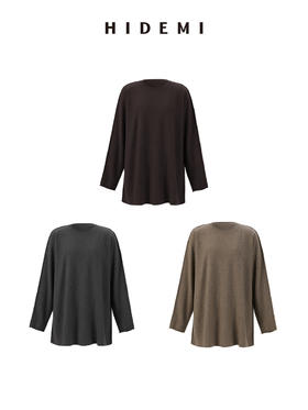HIDEMI澳洲美利奴羊毛廓形外缝圆领极简宽松经典百搭大毛衣 麦驼灰/深灰色/乌木棕紫