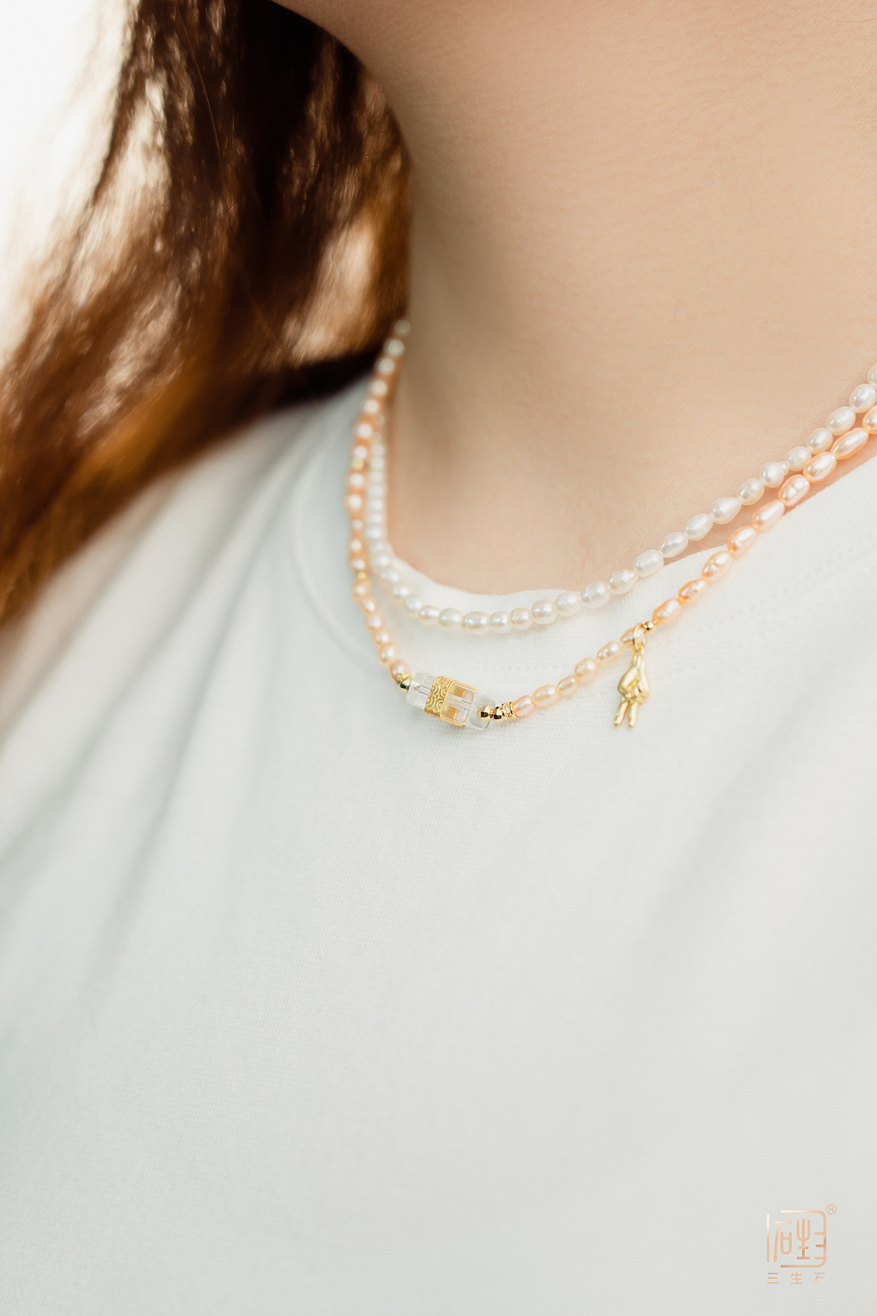 天然米珠白水晶双层设计项链