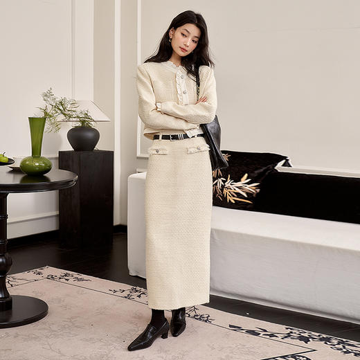 法式小香风半身裙女2023秋冬新款名媛气质毛边设计感中长裙V2232647 商品图1