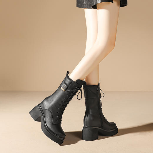 舒适百搭，绑带侧拉链真皮厚底增高短靴WWX-T7331 商品图3