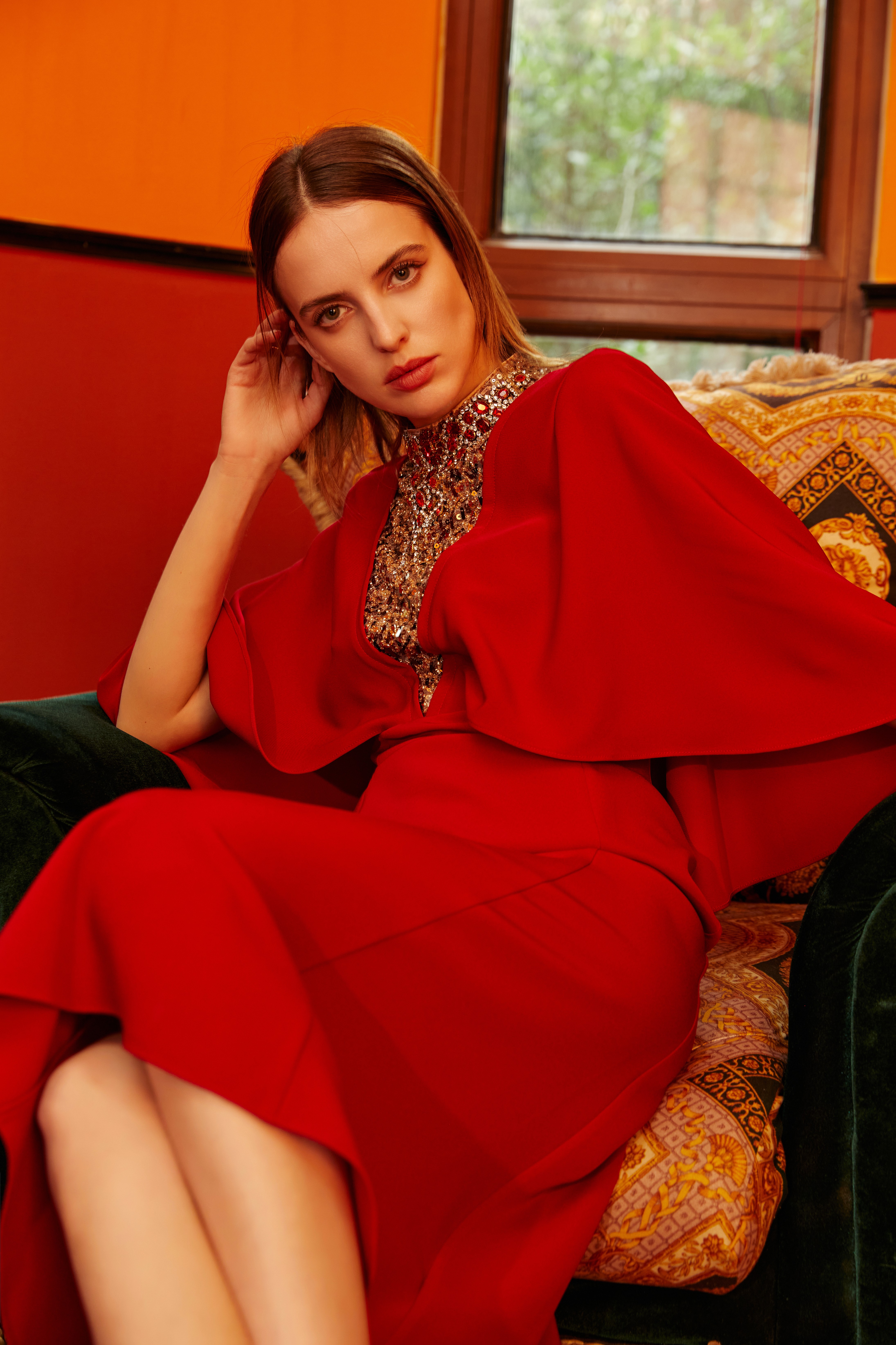 SAFICOO【节庆】系列 优雅气质 V型领鱼尾裙+披肩设计式连衣裙