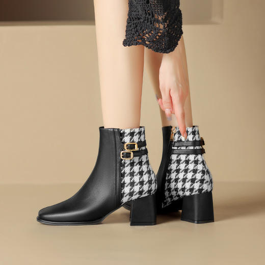 ZHR粗跟短靴女2023秋冬新款马丁靴简约英伦风千鸟格拼接摩登短靴 商品图1