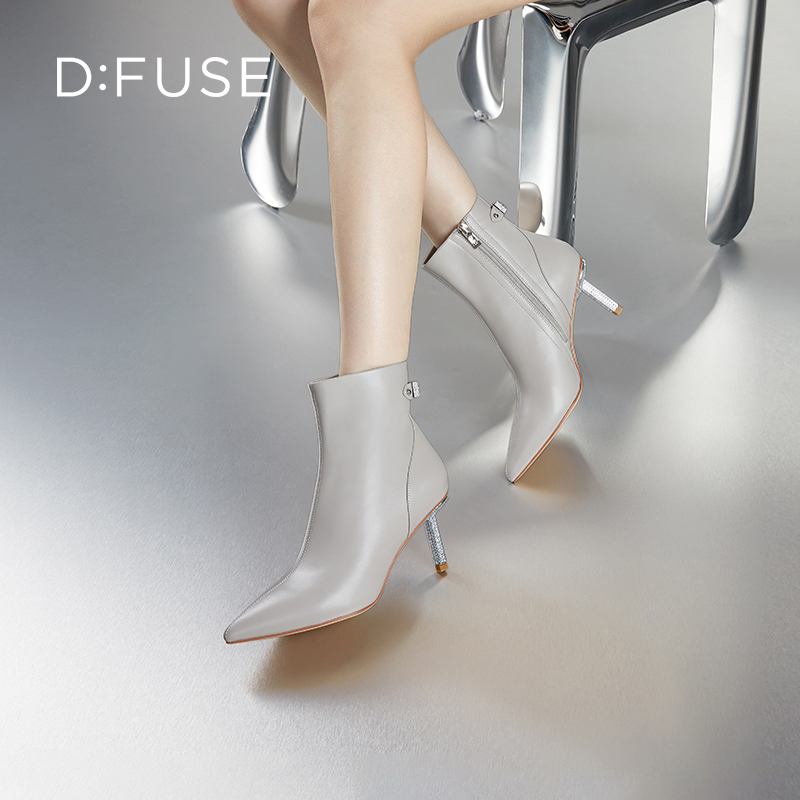 DFuse迪芙斯尖头细跟优雅纯色气质短靴瘦瘦靴子牛皮面DF34116029