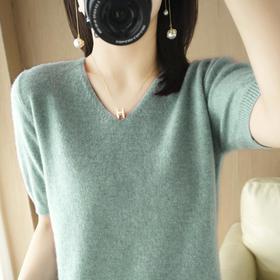 新款短袖女秋冬毛衣针织衫v领半截袖潮百搭韩版宽松打底衫T恤女