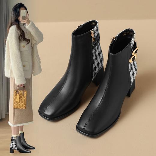 ZHR粗跟短靴女2023秋冬新款马丁靴简约英伦风千鸟格拼接摩登短靴 商品图0
