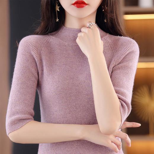 春秋新款五分袖针织衫女修身半高领短袖百搭洋气显瘦内搭打底半袖 商品图0