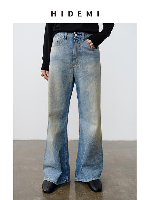 HIDEMI 【刘雯同款】复古多道水洗做旧感裂纹宽松喇叭直筒中低腰牛仔裤 商品图2