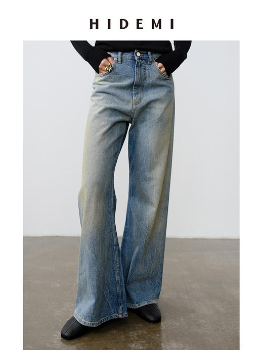 HIDEMI 【刘雯同款】复古多道水洗做旧感裂纹宽松喇叭直筒中低腰牛仔裤 商品图0