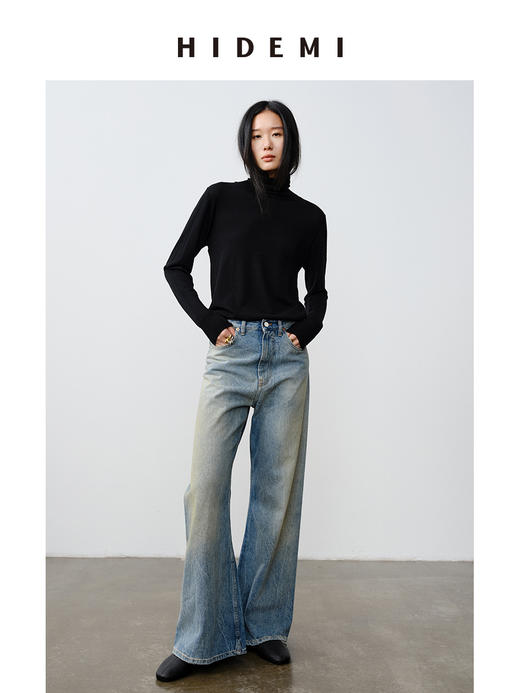 HIDEMI 【刘雯同款】复古多道水洗做旧感裂纹宽松喇叭直筒中低腰牛仔裤 商品图6