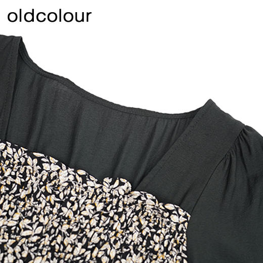 oldcolour黑色碎花连衣裙秋季新款方领拼接中长裙女GO31013029 商品图2