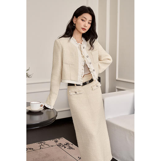 法式小香风半身裙女2023秋冬新款名媛气质毛边设计感中长裙V2232647 商品图3