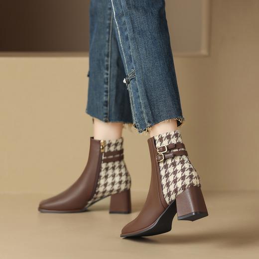 ZHR粗跟短靴女2023秋冬新款马丁靴简约英伦风千鸟格拼接摩登短靴 商品图5