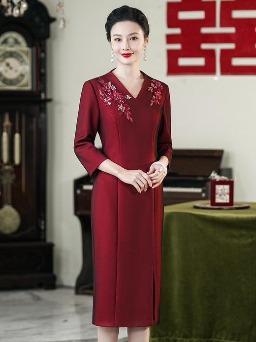 JC-55329年轻婚礼婚宴装礼服秋季显瘦酒红色喜婆婆装连衣裙 商品图1