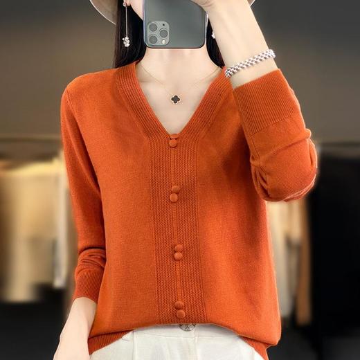 时尚2023秋季风气质丝光棉套头V字领常规毛衣女式针织衫厂家批发 商品图3