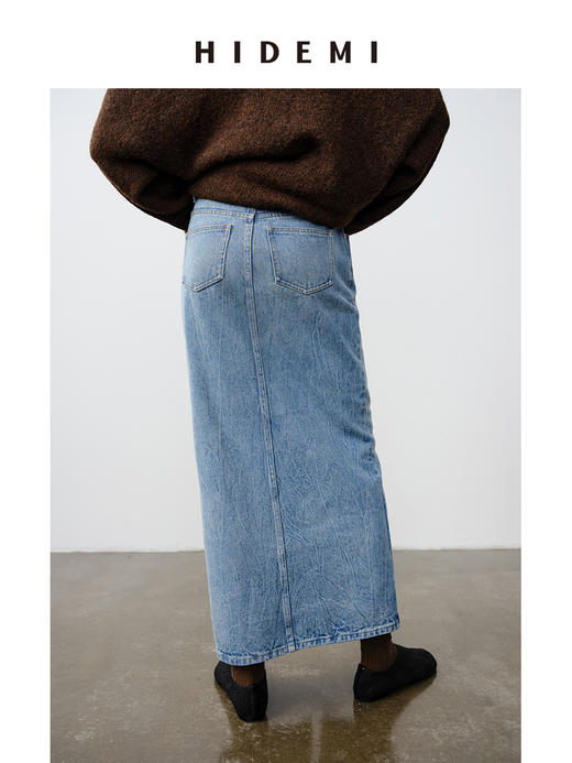 HIDEMI 水洗牛仔龟裂纹口袋开衩式丹宁系列半身裙 商品图4