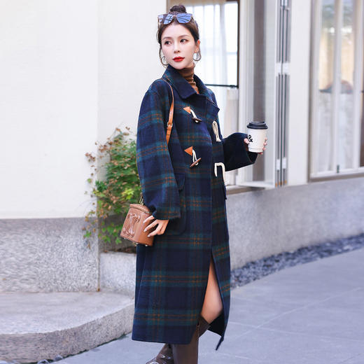 WZNH-WY80589 时尚格纹双面羊绒大衣女2023年秋季上新高端轻奢长款毛呢外套 商品图0