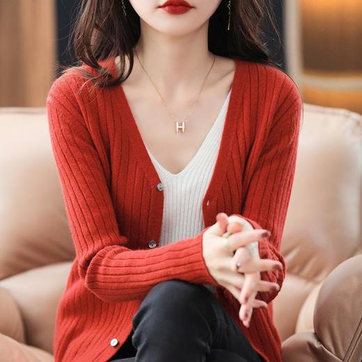 朱砂红色开衫女V领针织衫抽条开衫百搭显瘦打底休闲针织外套上衣 商品图1