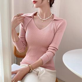 长袖毛衣设计感女小众2023秋季新款翻领针织衫气质温柔上衣打底衫