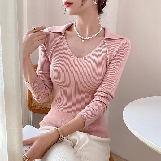 长袖毛衣设计感女小众2023秋季新款翻领针织衫气质温柔上衣打底衫 商品图0