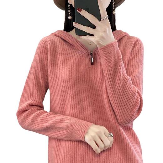 2023早秋新款半开领拉链连帽针织衫女套头弹力柔软毛衣上衣外套潮 商品图4