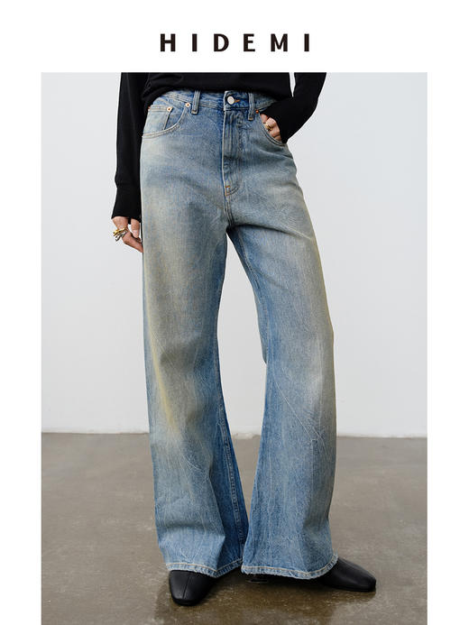 HIDEMI 【刘雯同款】复古多道水洗做旧感裂纹宽松喇叭直筒中低腰牛仔裤 商品图3