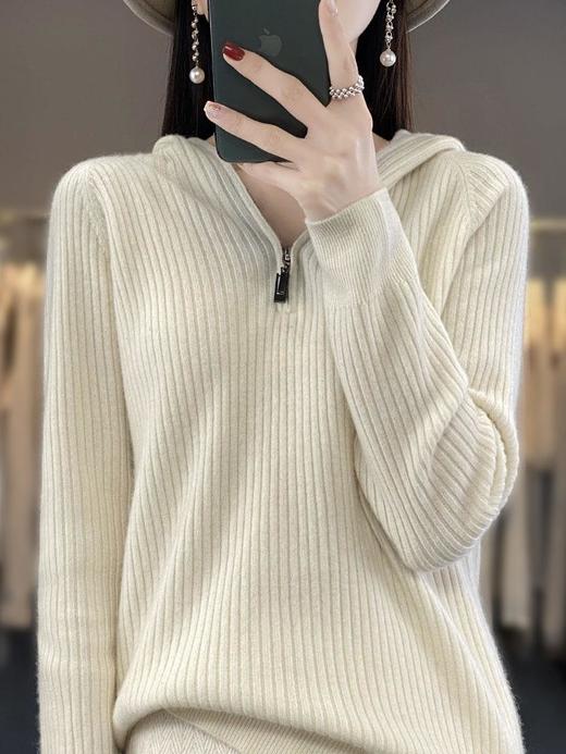 2023早秋新款半开领拉链连帽针织衫女套头弹力柔软毛衣上衣外套潮 商品图1