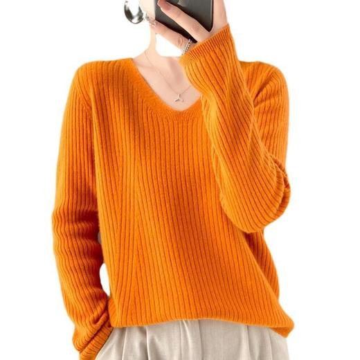 2023秋冬女装新款针织衫套头V领抽条毛衣纯色长袖百搭上衣打底衫 商品图4