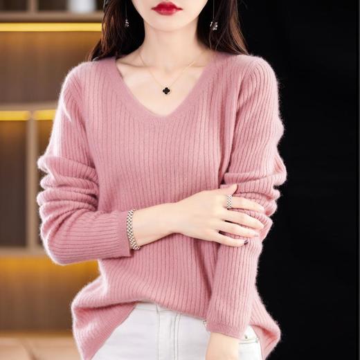 2023秋冬女装新款针织衫套头V领抽条毛衣纯色长袖百搭上衣打底衫 商品图2