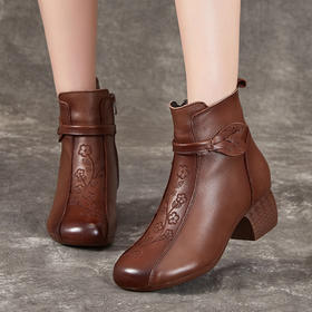 MX9906-2 靴子女外穿2023新款冬季女靴复古粗跟软底中年妈妈保暖短靴女