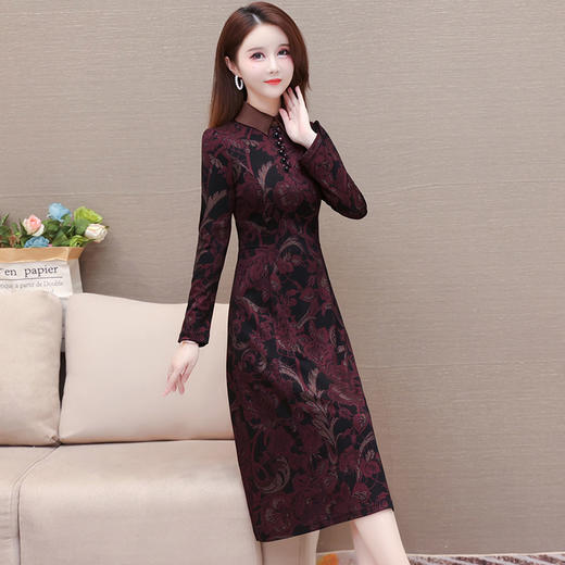 秋季新款，妈妈装中长裙长袖裙优雅女装打底A字裙印花连衣裙QYM-TYH-238881-Y 商品图1