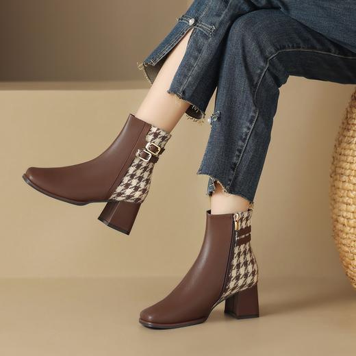 ZHR粗跟短靴女2023秋冬新款马丁靴简约英伦风千鸟格拼接摩登短靴 商品图6