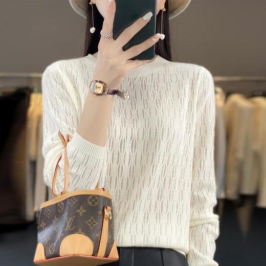 2023春秋跨境女式针织衫韩版圆领镂空精纺羊毛打底衫宽松毛衣 商品图3