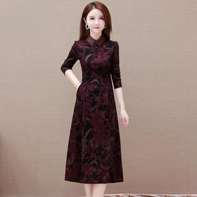秋季新款，妈妈装中长裙长袖裙优雅女装打底A字裙印花连衣裙QYM-TYH-238881-Y