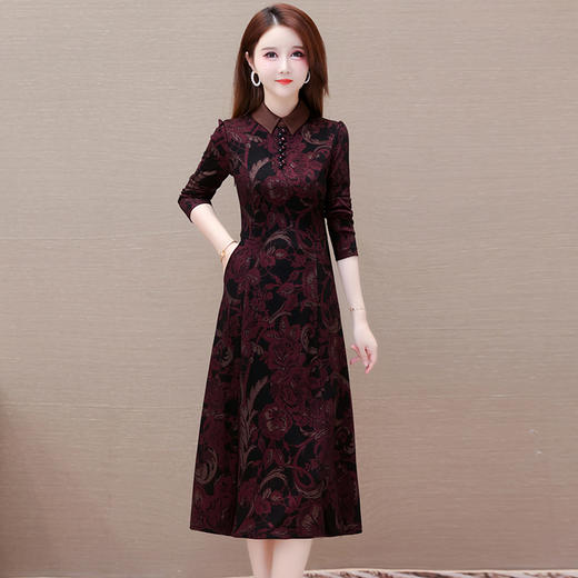 秋季新款，妈妈装中长裙长袖裙优雅女装打底A字裙印花连衣裙QYM-TYH-238881-Y 商品图0