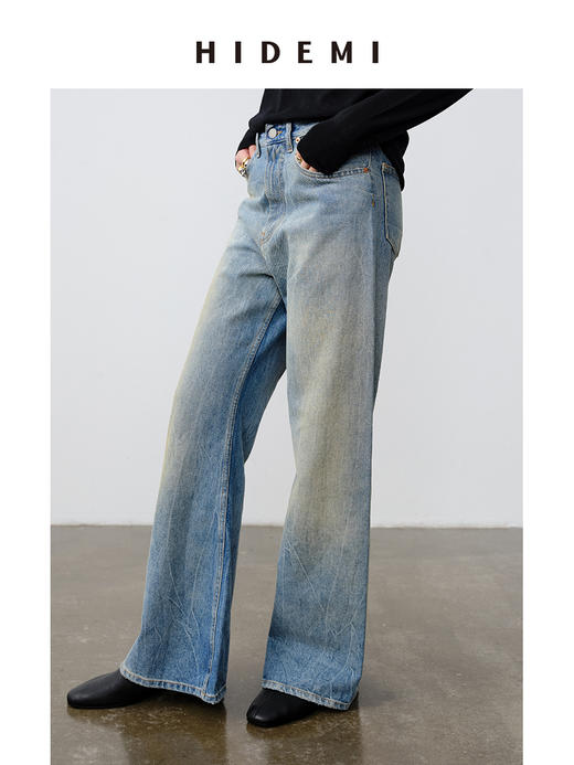 HIDEMI 【刘雯同款】复古多道水洗做旧感裂纹宽松喇叭直筒中低腰牛仔裤 商品图1