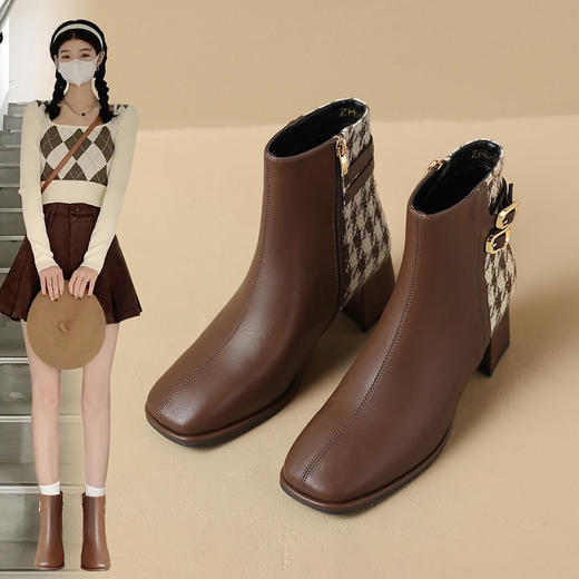 ZHR粗跟短靴女2023秋冬新款马丁靴简约英伦风千鸟格拼接摩登短靴 商品图4