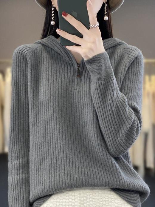 2023早秋新款半开领拉链连帽针织衫女套头弹力柔软毛衣上衣外套潮 商品图0
