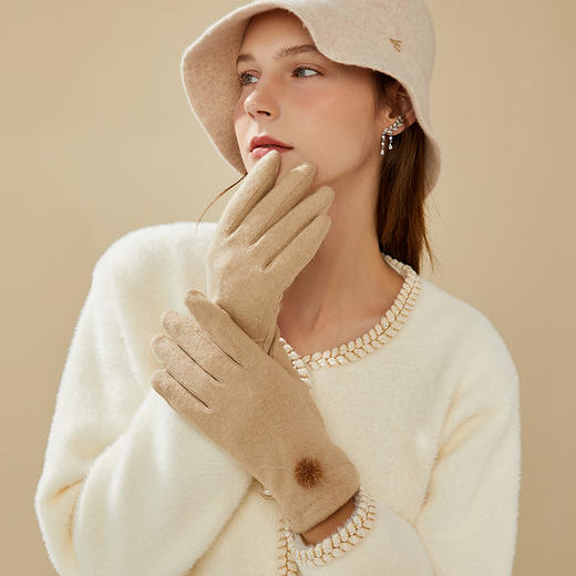 帽仕汇-KEYONE 温暖羊毛可触屏手套优雅毛球 商品图0