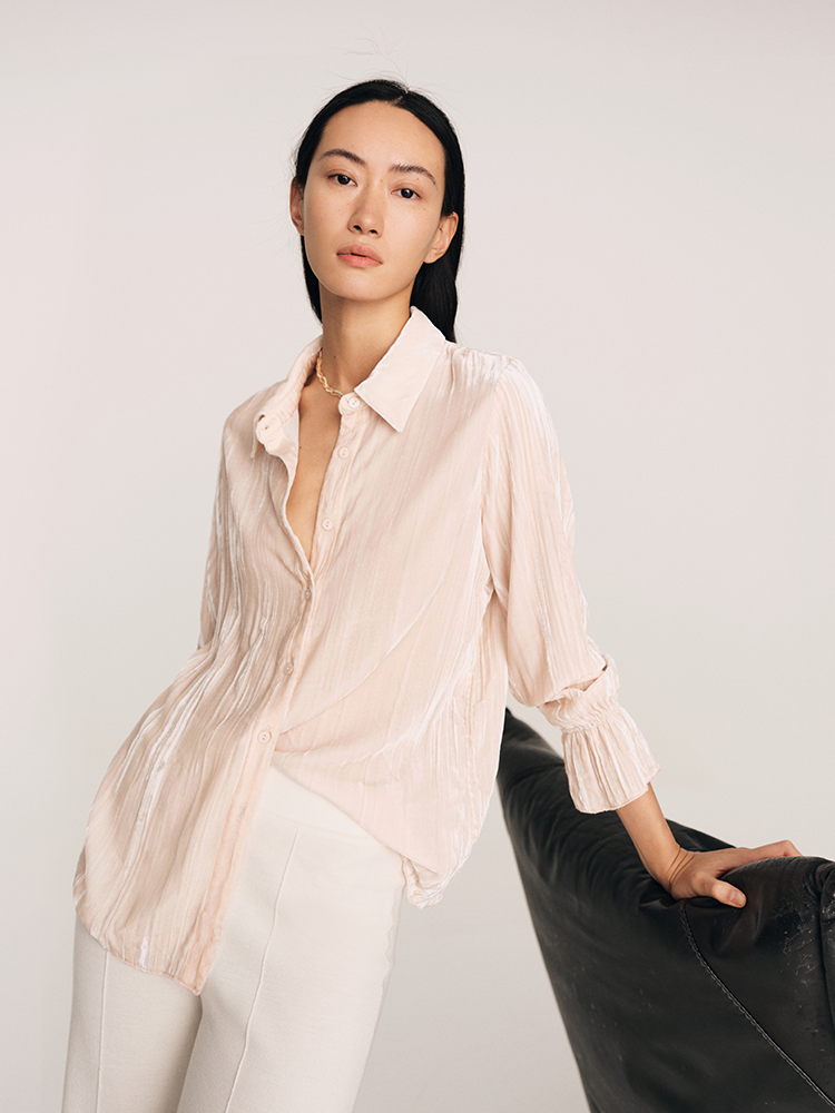 重磅真丝丝绒 立体褶皱衬衫FJ475123O