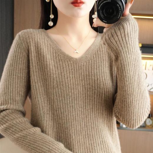 2023秋冬女装新款针织衫套头V领抽条毛衣纯色长袖百搭上衣打底衫 商品图0
