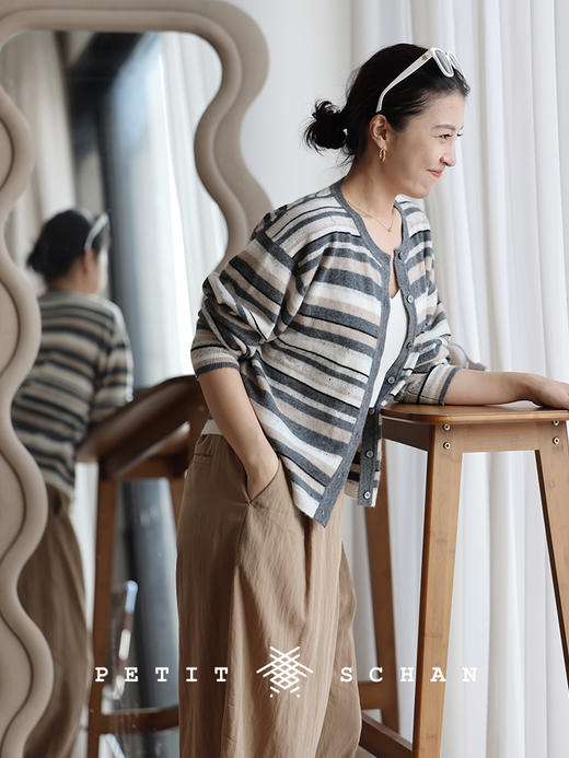 PETIT SCHAN小闪 CLO#363 Vanilla Napoleon 香草拿破仑 纯羊绒花纱条纹开衫 商品图0