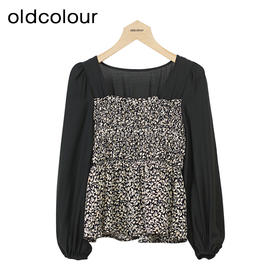 oldcolour黑色碎花连衣裙秋季新款方领拼接中长裙女GO31013029