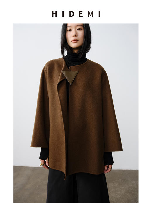 HIDEMI 几何三角形拼皮美利奴羊毛廓形大衣 长款/短款 商品图6