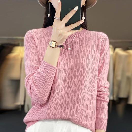 2023春秋跨境女式针织衫韩版圆领镂空精纺羊毛打底衫宽松毛衣 商品图2